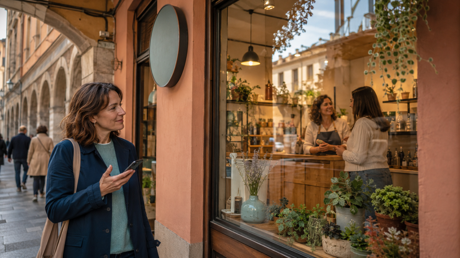 Donna con smartphone riconosce un’attività locale osservandone la vetrina.